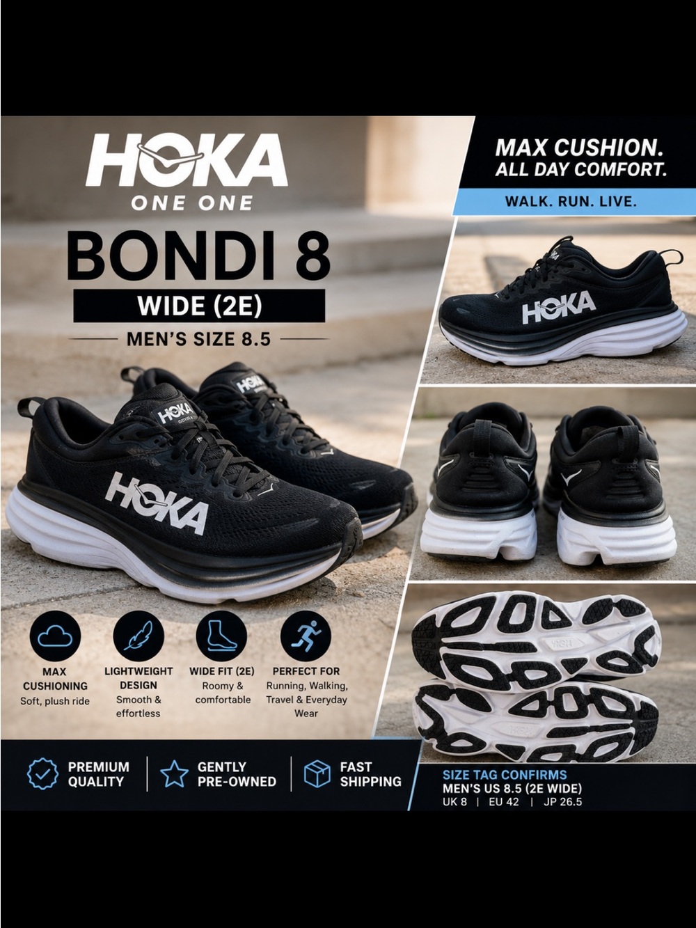 Hoka Bondi 8 Wide Men's Running Shoes - Black & White